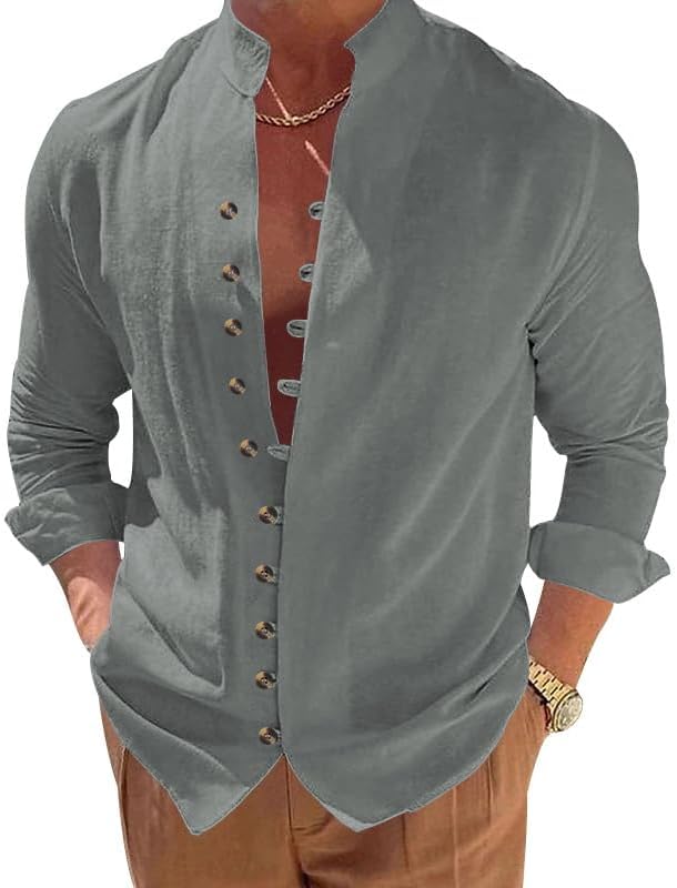 Mens Long Sleeve Stand Collar Shirt Lightweight Polyester Casual Button Design Daily Wear Top