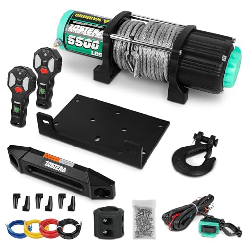 Image of 5500lbs ATV /UTV Winch with Synthetic Rope, Electric Boat Trailer Winch 12V, Waterproof Winch with 2 Wireless Remotes &Wired Switch,with Mounting Plate,Aluminium Fairlead