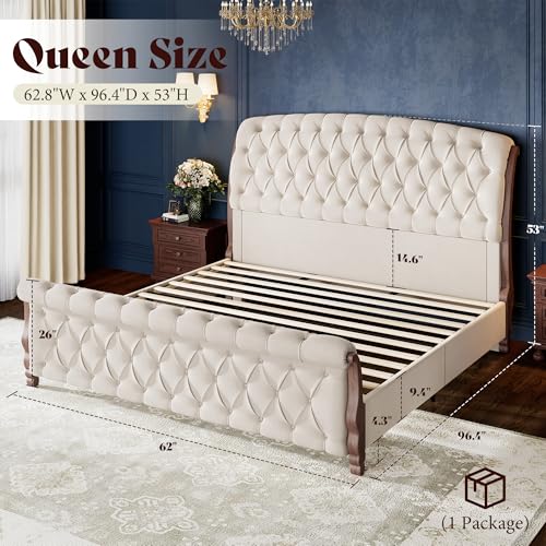 Image of AMERLIFE Upholstered Queen Bed Frame, 53 inch Tall Sleigh Bed with Button Tufted Chenille Headboard and Footboard, Platform Bed with Carved Solid Wood Legs, No Box Spring Needed, Cream