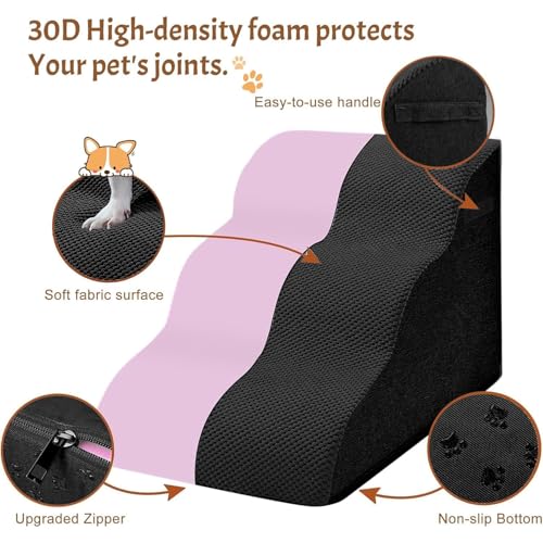Breiter Hundetreppe Schwarz 5 Stufen 62cm hoch für Kleine Hunde, Hochdichtem Schaumstoff Haustiertreppe, Waschbarem Bezug und Rutschfestem Boden