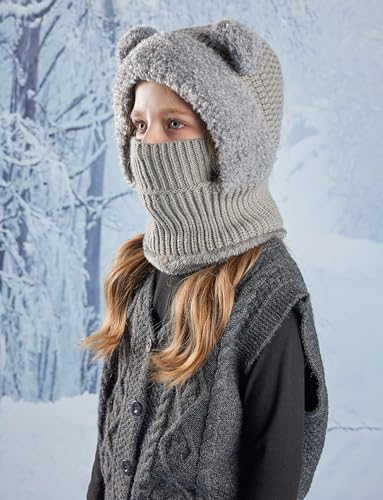 SEAUR Kid Winter Hat Scarf Set Boys Girls Knit Hood Hats Warm Fleece Lining Scarf Skull Cap Balaclava Beanie for 4-10 Years3