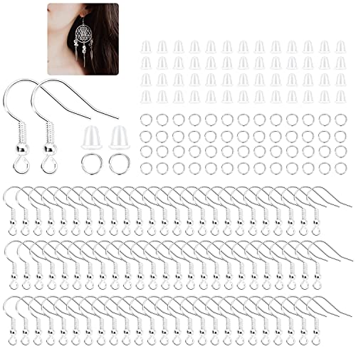 600Pcs Hypoallergenic Earring Hooks Silver Earring Making Kit Supplies with Earring Backs and Jump Rings for Jewelry Making (Silver)
