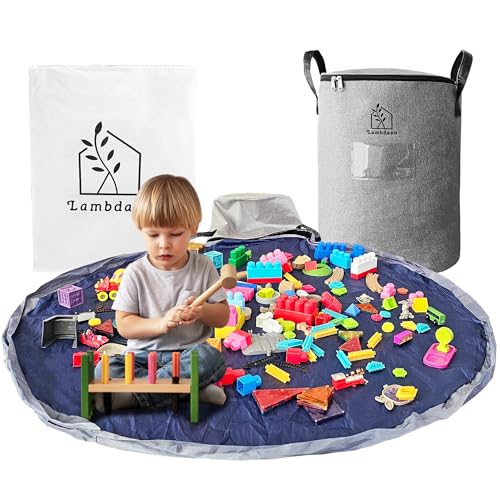 Portable Toy Storage Basket & Play Mat with Pocket Label - 9.3 Gallon Toy Organizer - Leather Handles, 60' Playmat - Toy Bag for Boys & Girls, Playroom, Grey