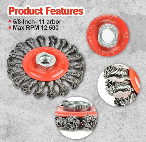 Image of 60 Piece Wire Wheel Brush Cup Brush Set,4 Inch Twist Knotted Wire Wheel Brush for Grinders,Max RPM 12,500,5 /8 Inch-11 Threaded Arbor - 0.020 Inch Carbon Steel Wire