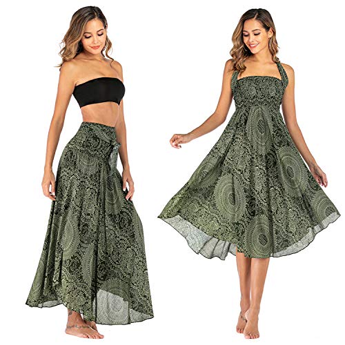 Image of Womens Skirts, Women 2in 1 Vintage Maxi Skirt Floral Print Halter Dress High Waist Swing Boho Skirt (Green)