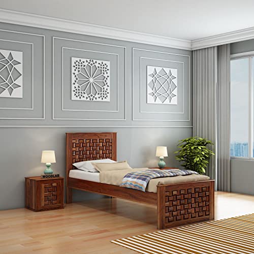 Image of WOODLAB Furniture Sheesham Wood Single Size Bed Without Storage and with Niwar Style Headboard | Wooden Single Cot Bed Palang for Home Living Room Bedroom and Hotel (Honey Finish)