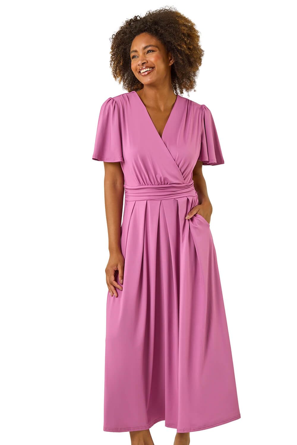 Roman Originals Women's Violet Roman Fit And Flare Dress For Chest Twist Knot Ruched Tea Skater Empire Waist Wedding Guest Smart Casual Swing Midi 3/4 Long Sleeve Knee Length - Size 10