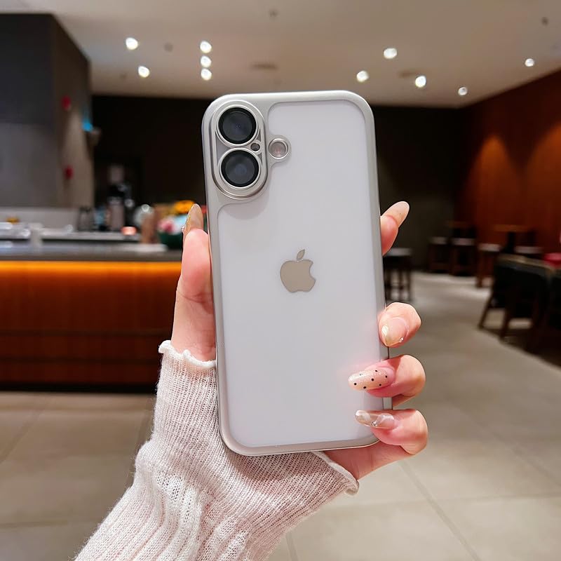 Image of LuxuryKase Hybrid Frosted Clear Case for iPhone 17 | Matte Hard Back Cover | Metallic Frame | Shockproof Slim Design | Anti-Fingerprint | in-Built Camera Lens Protection - Silver