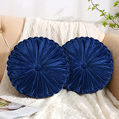 Image of HIG Set of 2 Decorative Round Pleated Throw Pillows, Classy Accent Pumpkin Throw Pillows with Center Button, Vintage Velvet Floor Pillows for Sofa Couch Vanity Chair Bed, Navy, 14.5 inch Diameter(Ripple)