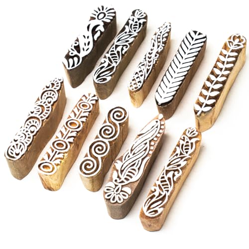 Image of Hashcart Wooden Indian Traditional Design Printing Stamps / Blocks for Printing Saree Border / Dresses / Craft Card Making / Scrapbook / Clay Pottery (Set of 10)