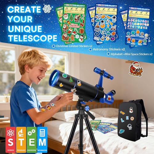 Image of Hawkko Telescope for Adults & Kids Beginners, 80mm Aperture 500mm Telescopes for Adults Astronomy, (20X-150X) Portable Refractor Telescope Kit with Decorate Stickers, Backpack, Phone Adapter-BlackBlue