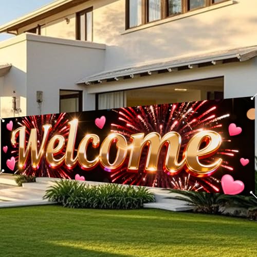 Image of Nuxovilar Welcome Home Banner Golden Red Firework 17.7x78.7 Polyester | Welcome poster photo backdrop reunion decoration banner hanging porch entryway parlor (Red Firework)