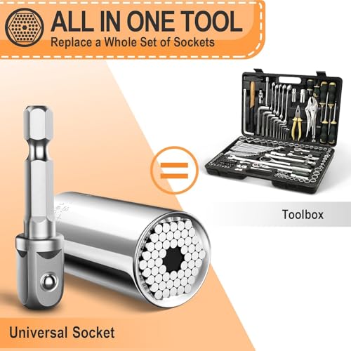 Image of Universal Socket Wrench Adapter (7mm-19mm, 1 /4 inch-3 /4 inch) Self Adjusting Multi-Size Tool with Power Drill Adapter, Heavy Duty Chrome Vanadium Steel for Nuts, Bolts & Damaged Fasteners - Tool Gift for Men