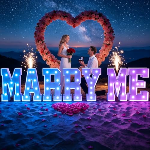 Image of Marry Me Light-up Letters Sign: 18 Colors 3FT Will You Marry Me Sign Large Marquee Letters Kit for Proposal Decorations Outdoor Large Engagement Wedding Party Decorations 2000 Rose Petals Pack of 7