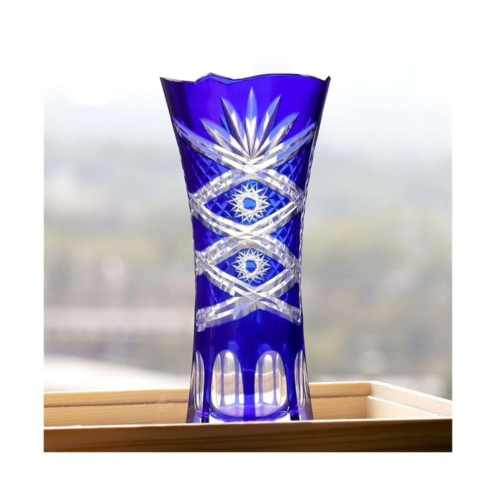 Jarrón, Elegante jarrón de Cristal Azul Estilo Bohemio checo Cortado a Mano for decoración de Cristal Transparente florero patrón Grabado para habitación, Biblioteca, Oficina, Entrada