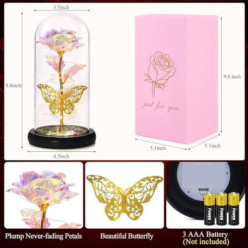 Image of LED Rose Flower in Glass Dome with Butterfly, Romantic Night Light Decorative Lamp, Valentine Gift for Her Mom Wife, Anniversary Birthday Gift, Home Decor Table Light