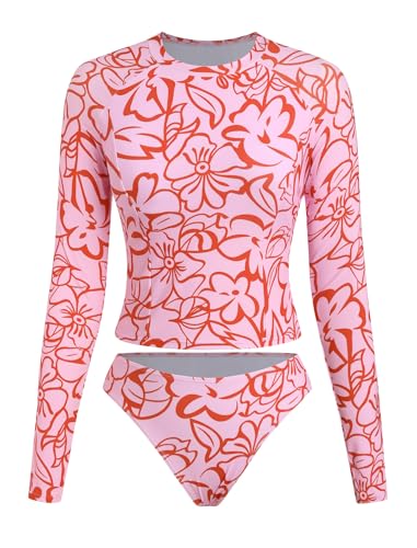 Image of ZAFUL Womens Rash Guard Swimsuits Long Sleeve Sun Protection Bathing Suit Tropical Swim Shirts with Briefs