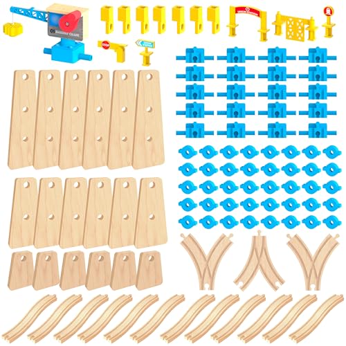 ORBRIUM 115 Pcs Build & Play Ultimate Elevated Wooden Railway Construction Set Expansion Pack #3 with Wooden Train Tracks, Crane, Ascending Tracks, Compatible with Thomas, Brio, IKEA, Melissa & Doug