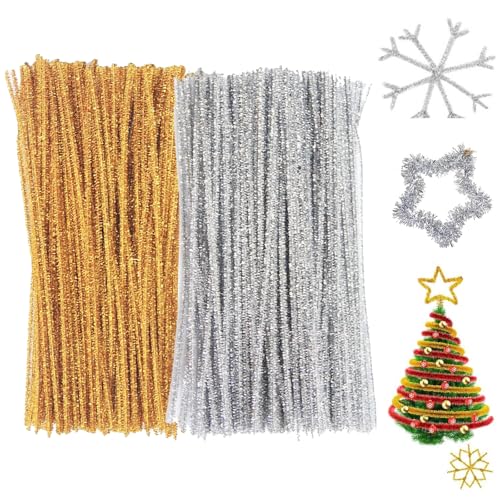 Cfcyhla Glitzer Pfeifenreiniger 200 Stück pipe cleaner,6 MM * 30 cm, pfeifenreiniger zum basteln für DIY Craft Projekte, pfeifenreiniger blumen - Gold und Silber