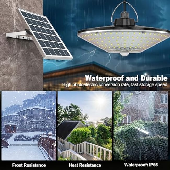 Solar Shed Light Outdoor Indoor Solar Powered Motion Sensor Light 198LED 1200LM Daytime Work Light with 5 Lighting Modes Remote Control IP65 Waterproof Solar Hanging Barn Ligh for Home Gazebo Shop