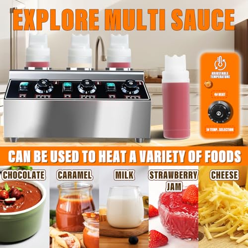BNDHKR Electric Sauce Warmer Dispenser,525W Commercial Stainless Steel Countertop Hot Caramel Chocolate Cheese Warmer with 3x0.68Qt Squeeze Bottles 86-185℉ by BNDHKR - Image 6