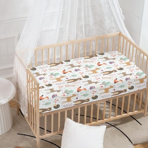 Image of Forest Cute Animals Fitted Crib Sheet Nature Woodland Friends Standard Crib Mattress Fitted Sheet Multicolor Baby Toddler Bed Mattress Sheets for Boys Girls 28 inchx52 inch