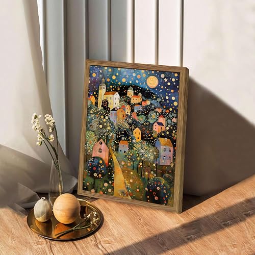 Image of Abstract Moon Stars Tree Framed Canvas Wall Art - Vintage Gustav Klimt Style Oil Painting Print, Village Night Landscape Decor for Living Room Bedroom Nursery Office 12x16 inch