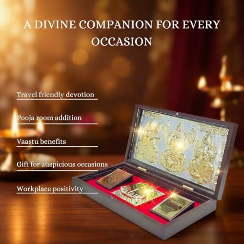 Image of Laxmi Ganesh Saraswati Pocket Temple for Pooja Room, Gifting for Wedding /Marriage | Gold Plated Photo Frame with & Charan Paduka - (Large) 8.4x4.5 Inch - Pack of 1