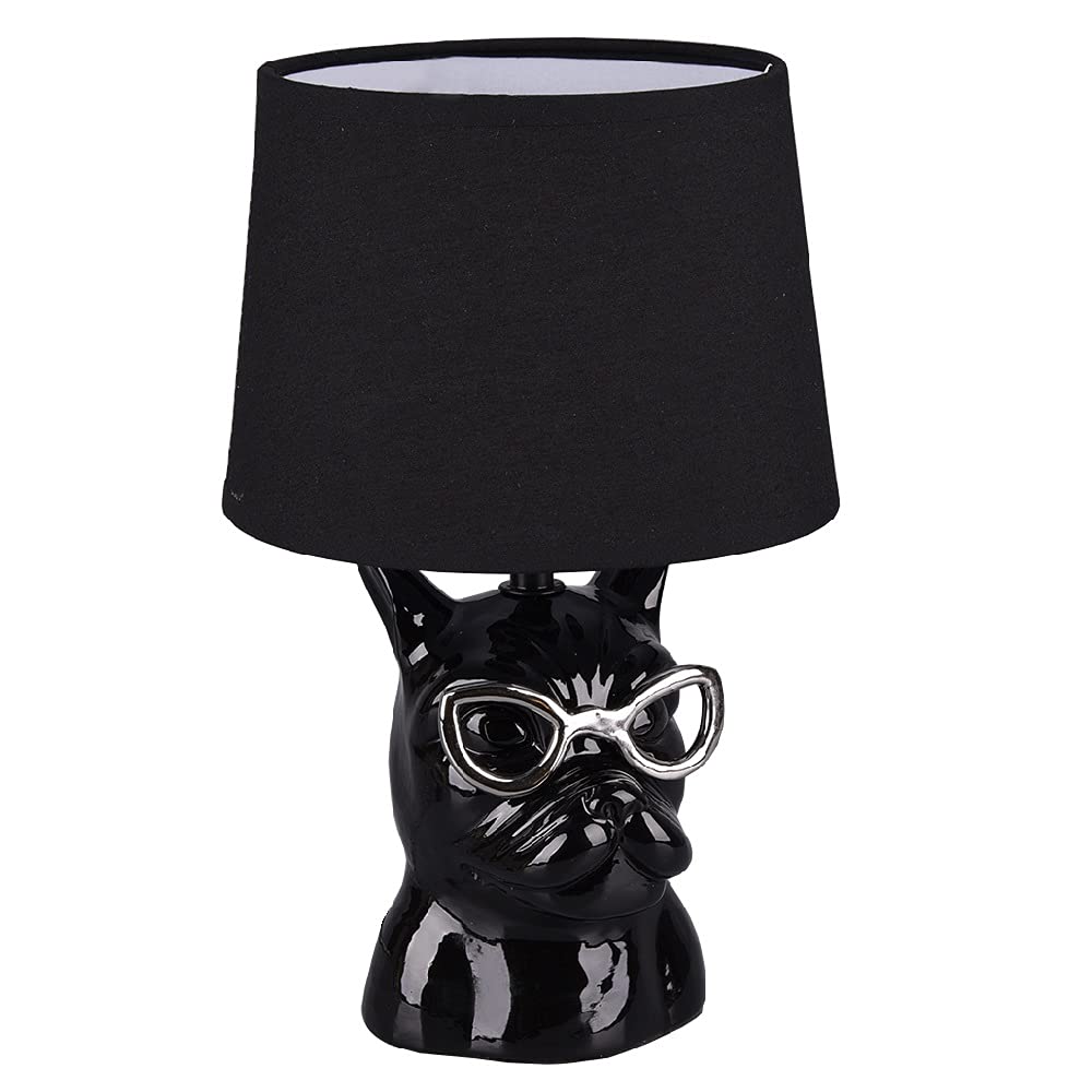 Britalia Black Ceramic French Bulldog Puppy Dog Retro Table Lamp with Matching Drum Shade | Platinum Chrome Glasses | 29cm Height | 1 x E14 SES Lamp Bulb Required (Not Included) | UK 3 Pin Plug