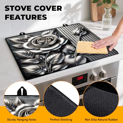Image of Silver Rose Stove Top Cover Retro Flower Gas Stove Top Cover for Home Decoration Kitchen Pad Non-Stick Washable Cooktop Covers Countertop Protector Keep Stove Clean 28 inchx20 inch