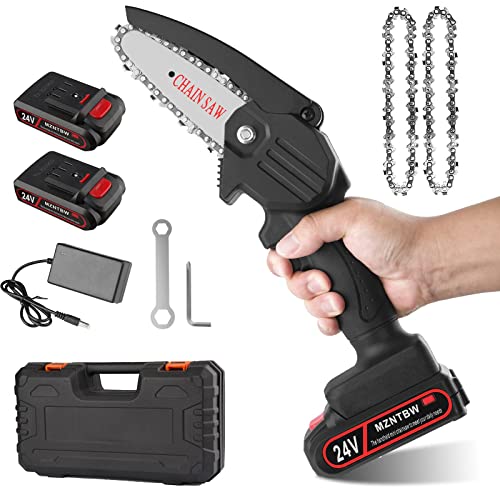 Mini Chainsaw Cordless Handheld with 2 Batteries 1 Charger, Portable Branch Wood Cutter Pro Hand Saw, 4 Inch Electric Pruning Shears Chainsaw Household Gardening Tool