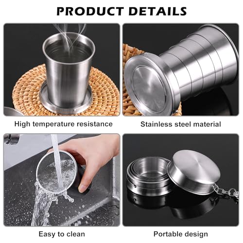 Edelstahl Faltbecher 450ml, 2 Stück Becher Faltbar Edelstahl, Edelstahl-Trinkbecher Mit Klapplöffel, Outdoor Tragbar Teleskop Klappbeche, Camping Becher Faltbar, Edelstahl Reise Faltbecher Klappbecher