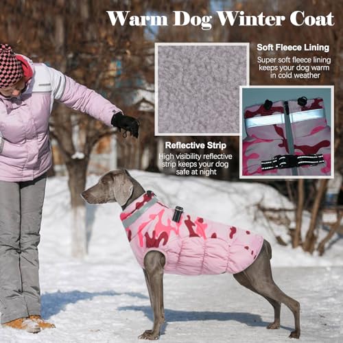 Image of Lelepet Dog Winter Coat Dog Coats for Large Dogs Waterproof Dogs Jacket | Reflective Cold Weather Coats with Harness Windproof Zip-Up Winter Fleece Vest Pet Snowsuit Boxer Pink Camo XL