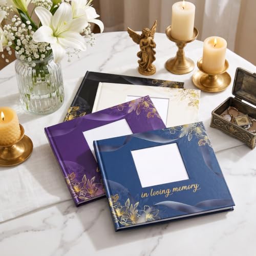 Image of Funeral Guest Book, in Loving Memory Sign in Book with Photo Slot | 330 Entries, Table Sign Card Included, Gold Stamping, Twill-Textured Paper Cover, Celebration of Life Keepsake, 9x7.5 inch, Beige