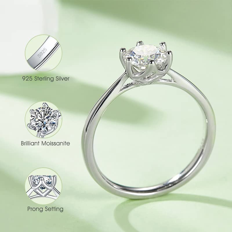 Promise Ring White/Pink/Yellow/Green/Black/Blue Moissanite Rings 6 Prong 8K White Gold Plated 925 Sterling Silver Ring 1.0Ct Solitaire Moissanite Engagement Rings for Women Wedding (Size 5-10)4
