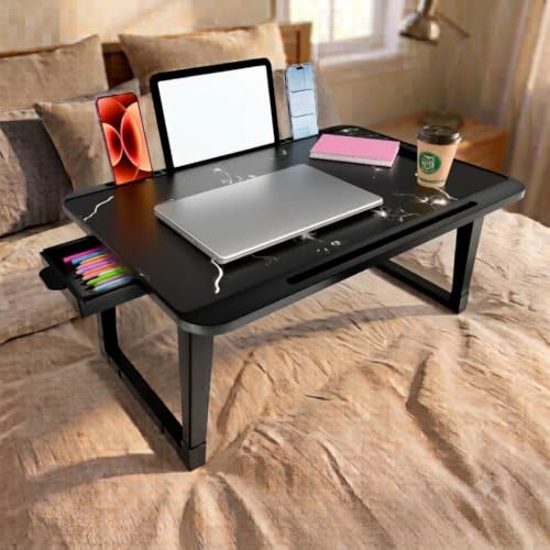 WONDWILD Foldable Wooden Mini Laptop Table for Bed, Study Table with Drawer, Tablet/Mobile Holder for Kids & Adults (NEW MDF Flower)