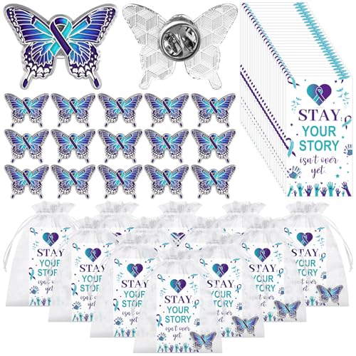 50 Sets Suicide Prevention Awareness Favors Butterfly Ribbon Lapel Pins Purple Teal Hope Faith Badges Brooch with Motivational Cards Organza Bags Gifts for Charity Campaign Party Supplies - Main Image