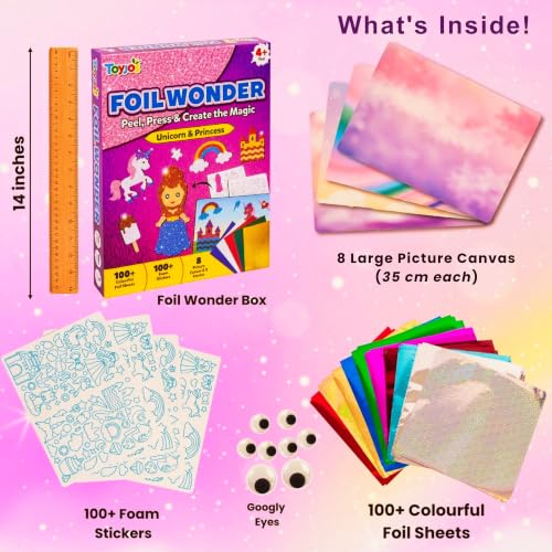 Image of TOYJOS Unicorn & Princess Foil Art and Craft Kit for Kids | No Mess No Glue DIY Activity | 220+ Pieces with Large Canvas | Screen-Free Creative Toy | Birthday Gift & Travel Toy for Girls Boys Ages 4 5 6 7 8 9