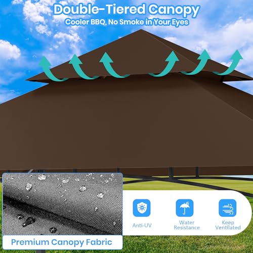 GVDV 8x5FT Grill Gazebo - Outdoor BBQ Canopy Shelter with 2 Side Shelves & Double-Tiered Top for Patio Backyard Grilling, Brown - Image 4