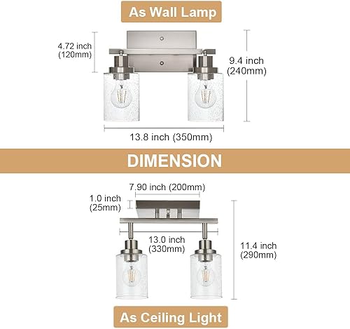 Miniatura 5 de 2-Luz de Pared con Foco y Sombra de Vidrio Sembrado, Iluminación Moderna de Techo en Níquel Cepillado para Pasillo y Baño