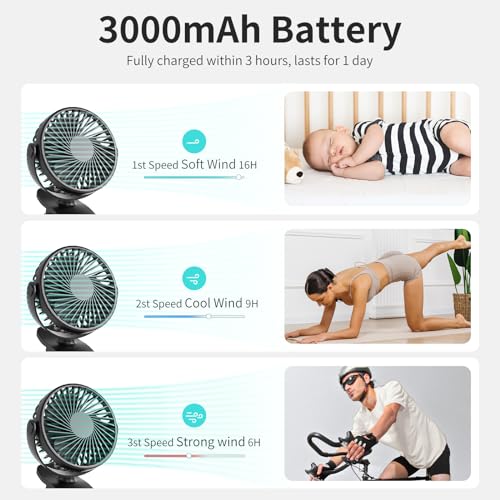 Portable-Clip-on-Fan-360-Rotate-Battery-Operated-Stroller-Fan-3-Speed-Quiet-Mini-Personal-Desk-Fan-USB-Rechargeable-Clooing-Fan-for-Outdoor-Camping-Golf-Cart-Stroller-Home-Office-Black