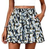 PRETTYGARDEN Women's Flowy Shorts Summer Fashion 2026 Beach Vacation Clothes Casual High Waist Wide Leg Ruffle Shorts (Print Blue Yellow,Medium)