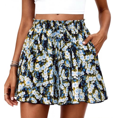 PRETTYGARDEN Women's Flowy Shorts Summer Fashion 2026 Beach Vacation Clothes Casual High Waist Wide Leg Ruffle Shorts (Print Blue Yellow,Medium)