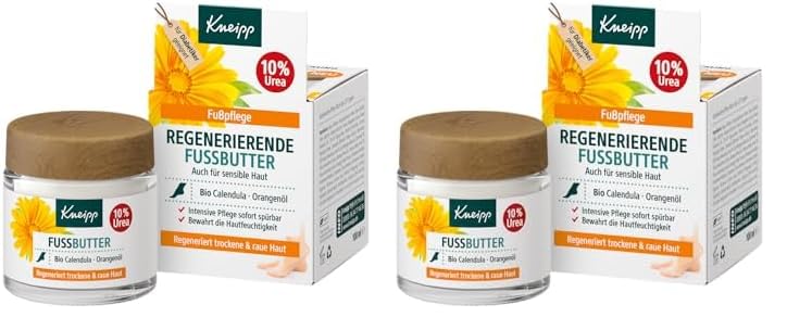 Kneipp Regenerierende Fussbutter, Sofort spürbar glatte Füße Dank 10 Prozent Urea, zitrischer Duft mit natürlichem, ätherischem Orangenöl erfrischt und wirkt desodorierend, 100ml (Packung mit 2)
