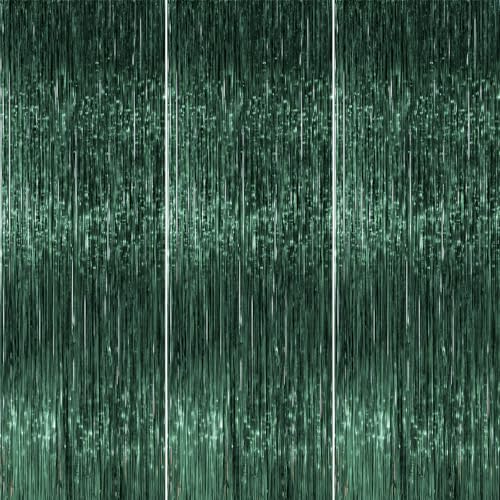Image of PartyWoo Dark Green Streamers Backdrop 3pcs Green Tinsel Foil Fringe Streamer Curtains 8.2 FT Curtains Photo Backdrop for Graduation Birthday Dinosaur Jungle Golf Football Theme Party Decorations