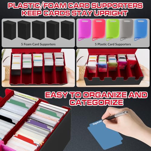 Image of AOBOPLE Trading Card Storage Box,3500+ Card Box Storage with 48 Dividers and 10 Card Supporters PU Leather Magnetic Cards Deck Case for MTG,TCG,Magic and Sport Cards (Black Red)