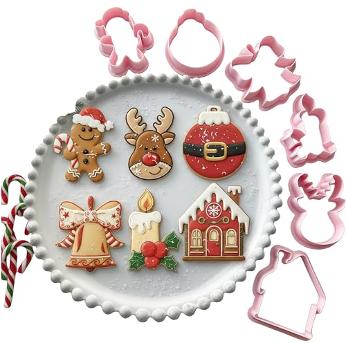 Dacmern 6Pcs Christmas Cookie Cutter Set - 2-3 Inch Large Size Gingerbread Man, Christmas House, Reindeer, Bell, Candle, Round Santa & Wreath Shapes, Food Safe PLA, Kid Friendly for Winter Holiday