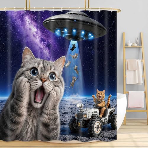 Image of Boziqr Cat Shower Curtain, Funny Cat UFO Fantasy Galaxy Shower Curtains for Bathroom Decor, Fun Cat Shower Curtain Set with 12 Hooks for Bathroom Decor Accessories Bathtub Curtain, 60 inchx72 inch