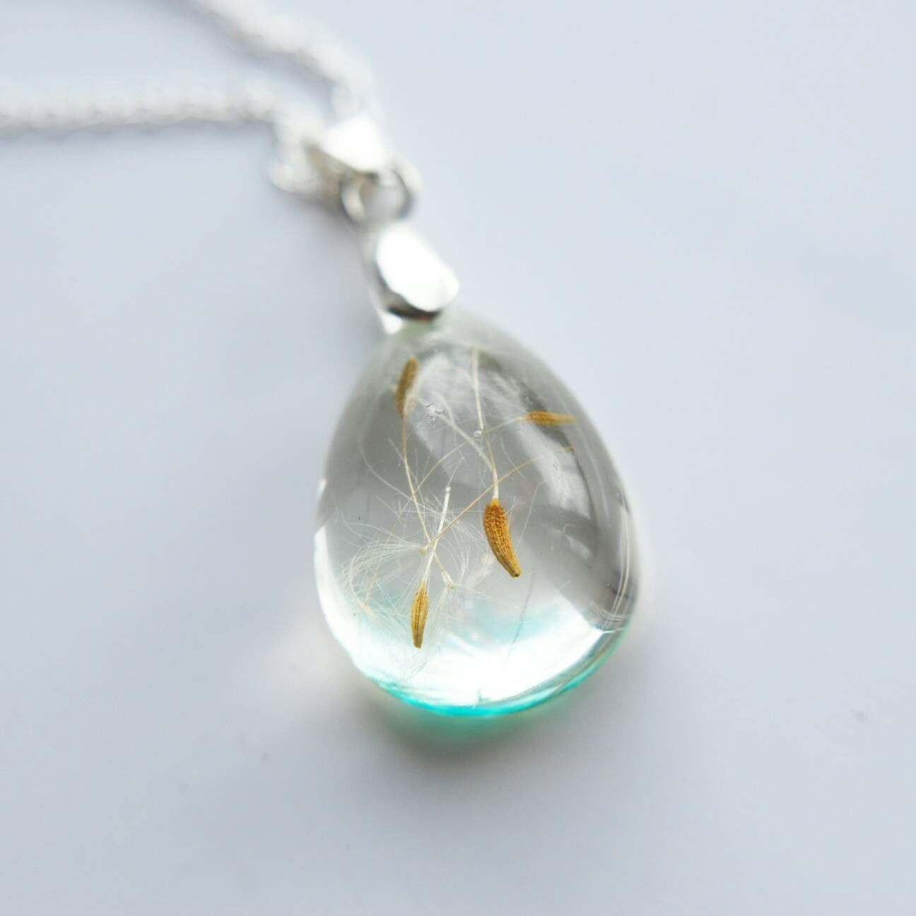 Dandelion Necklace Blue Tear Drop Resin Pendant Make A Wish Terrarium 925 Silver Plated Necklace Botanical Jewelry