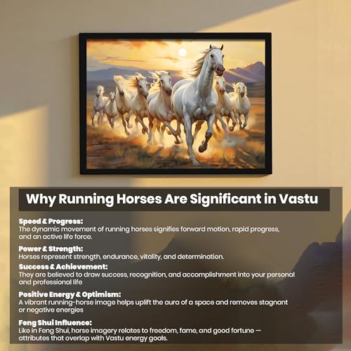 Image of 8 White Running Horses Vastu Framed Wall Art Painting for Living Room| Symbol of Success, Eight Horse Painting With Frame For Home & Office, 10x12 Inch